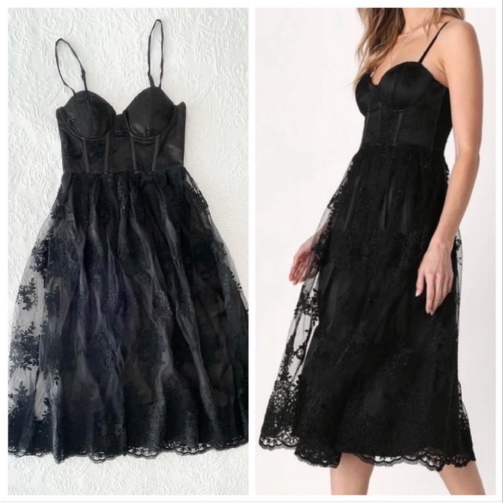 Lulu's Black Lace Midi Dress with Sheer Overlay
